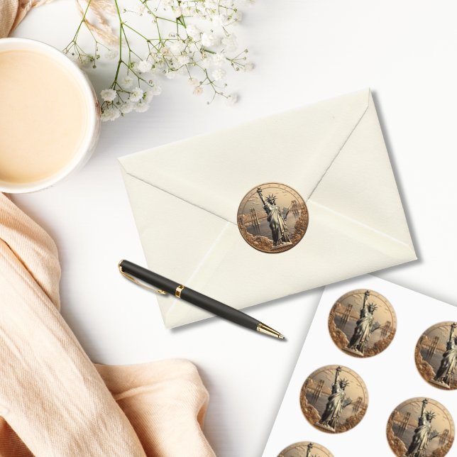 Sticker Rond Timbre de la Statue de la Liberté en Or Enveloppe  (Statue of Liberty Gold Coin Envelope Seal Sticker)