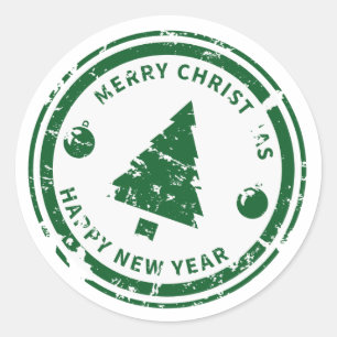 Sticker Rond Timbre en détresse Sapin de Noël vert Holiday