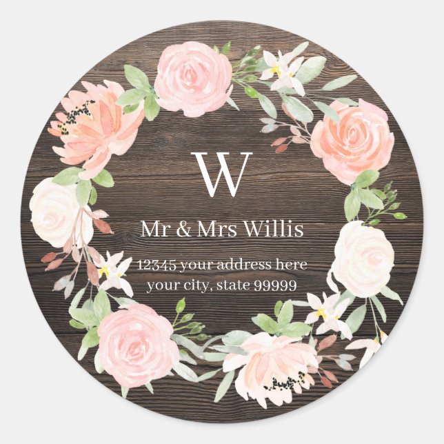 Sticker Rond Timbres de retour adresse Bois Rustique Rose Blush (Devant)