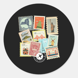Sticker Rond Timbres de voyage anciens vacances philatelie 