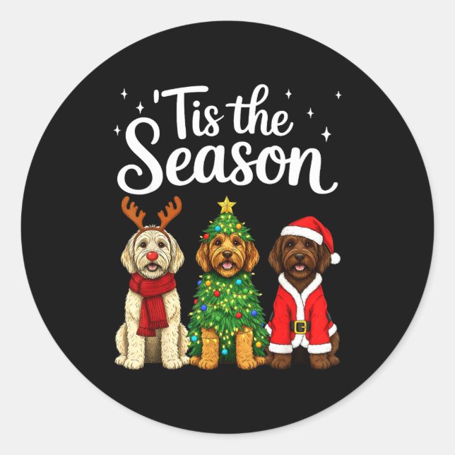 Sticker Rond Tis The Season Goldendoodle Christmas Santa Doodle (Devant)