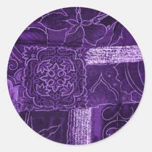 Sticker Rond Tissu de Patchwork Floral Violet