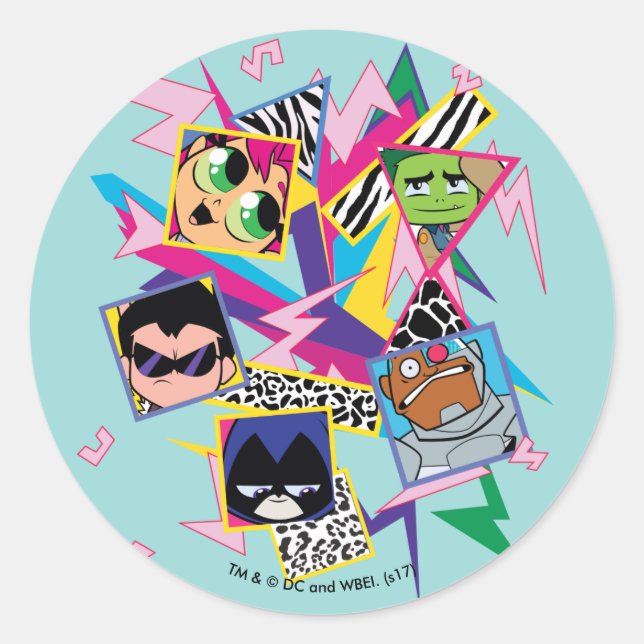 Sticker Rond Titans Ados, allez ! | Retro 90's Group Collage (Devant)