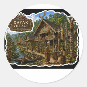 STICKER ROND TITRE VILLAGE DAYAK BORNÉO CULTURE TRIBALE AUTOCOL