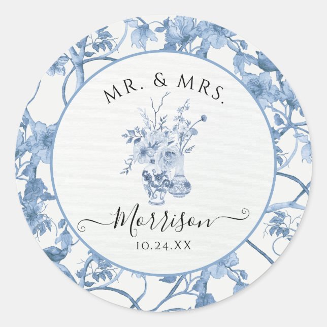 Sticker Rond Toile Bleu et Blanc M. et Mme Floral Mariage (Devant)
