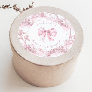 Sticker Rond Toile de Jouy Paris Ruban Rose Baby Shower