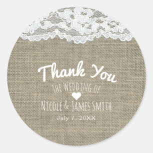 Sticker Rond Toile de jute et dentelle Cadeau de mariage simple