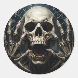 Sticker Rond Toiles d'araignées, crâne et os Halloween effrayan