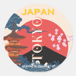 Sticker Rond Tokyo Japan Travel Art, Retro Travel Art