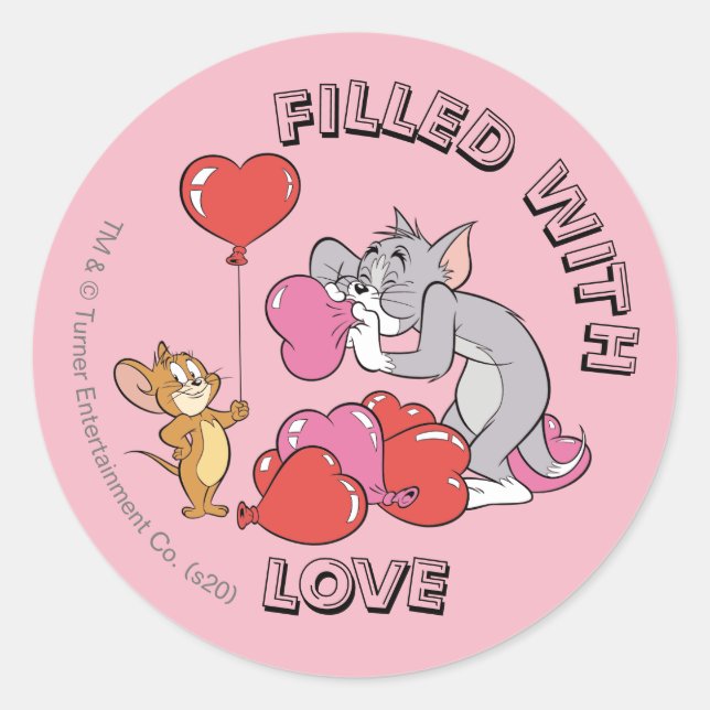 Sticker Rond Tom & Jerry Inflate Valentine Heart Ballons (Devant)
