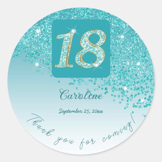 Sticker Rond Tomber Parties scintillant bleue Turquoise, 18ème  (Devant)