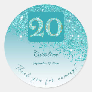 Sticker Rond Tomber Parties scintillant bleue Turquoise, 20e an