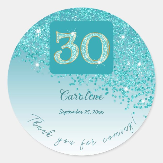 Sticker Rond Tomber Parties scintillant bleue Turquoise, 30e an (Devant)