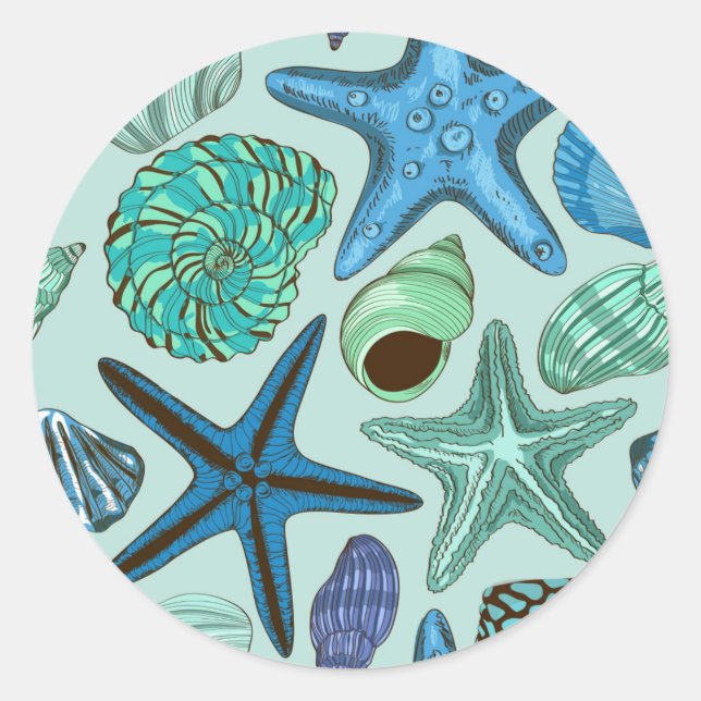 Sticker Rond Tons De Coquillages Bleus Et Motif D'Écre (Devant)