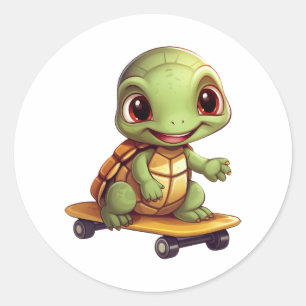 Sticker Rond Tortue à skateboard, Design animal sportif