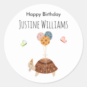 Sticker Rond Tortue avec ballons et chapeau de fête,