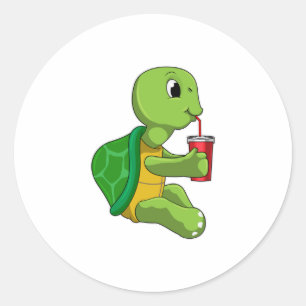Sticker Rond Tortue avec tasse à boire avec paille