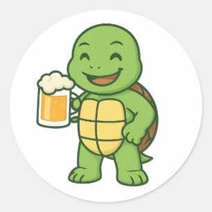 Sticker Rond Tortue buvant de la bière