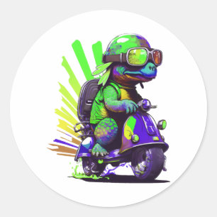 Sticker Rond Tortue Colorée Drôle Sur Un Scooter