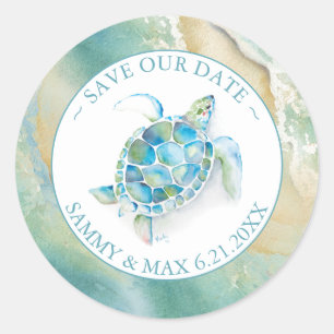 Sticker Rond Tortue de mer à l'aquarelle et sceau d'enveloppe d