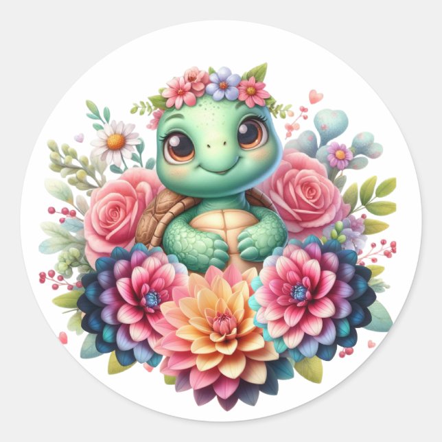 Sticker Rond Tortue de mer florale adorable (Devant)