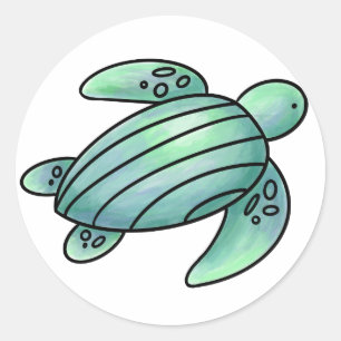 Sticker Rond tortue de mer peinte à l'aquarelle dessin animé bl