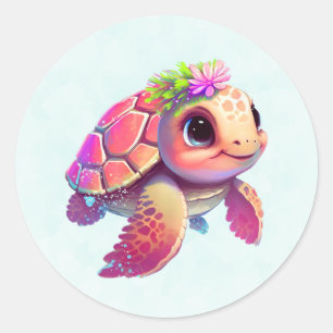 Sticker Rond Tortue de mer rose Whimsical & mignon