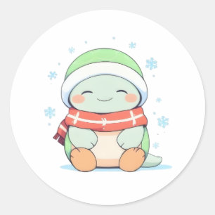 Sticker Rond Tortue d'hiver Cozy avec Dessin Kawaii Écharpe