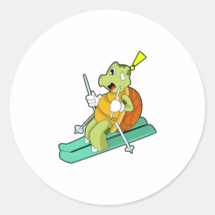 Sticker Rond Tortue en ski avec ski