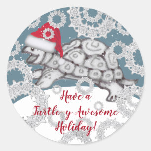Sticker Rond Tortue et flocon de neige Santa Hat hiver neige No