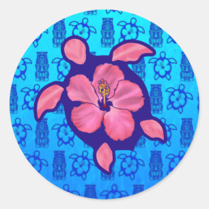 Sticker Rond Tortue et ketmie hawaïennes de Honu