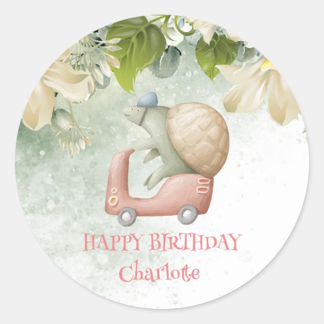 Sticker Rond Tortue mignonne Safari jungle zoo vélo fête d'anni (Devant)