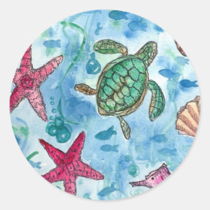 Sticker Rond Tortue Starfish Shells Sea Creator Aquarelle