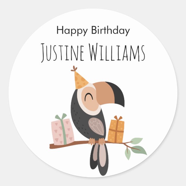 Sticker Rond Toucan avec casquette de fête et cadeaux d'anniver (Devant)