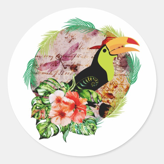 Sticker Rond Toucan's Magic - Chariot à oiseaux tropicaux (Devant)