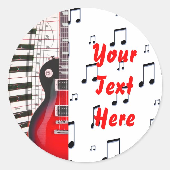 Sticker Rond Touches de piano de guitare rouge et note (Devant)