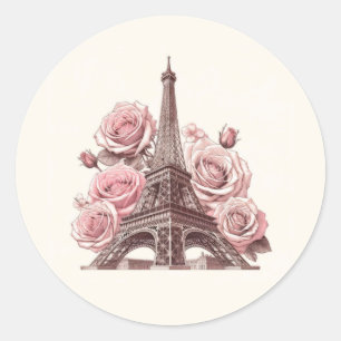 Sticker Rond Tour Eiffel de Paris & Roses roses