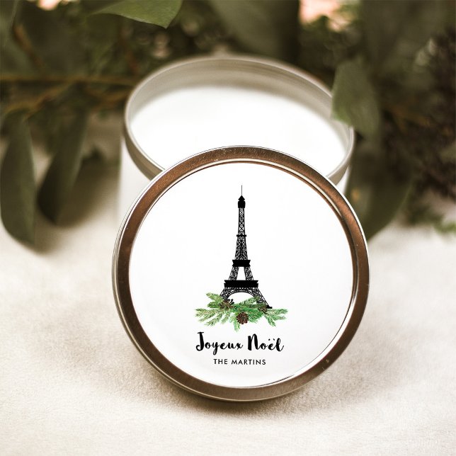 Sticker Rond Tour Eiffel et Pine | Moderne Joyeux Noel (An elegant French Christmas sticker with the Eiffel Tower)