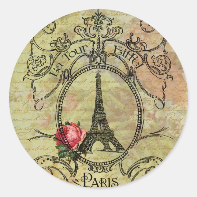 Sticker Rond Tour Eiffel Paris et Rose Rouge Steampunk (Devant)