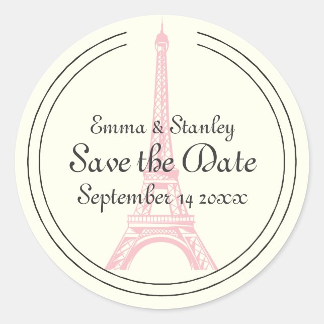 Sticker Rond Tour Eiffel rose mariage Paris Enregistrer la date (Devant)