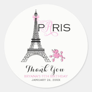 Sticker Rond Tour Eiffel Ruban Rose Paris France Fête Caniche
