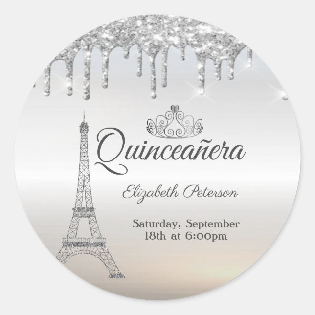 Sticker Rond Tour Eiffel, Tiara, Dérivés en argent Quinceañera (Devant)