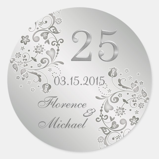 Sticker Rond Tourbillons floraux argentés 25e anniversaire du M (Devant)