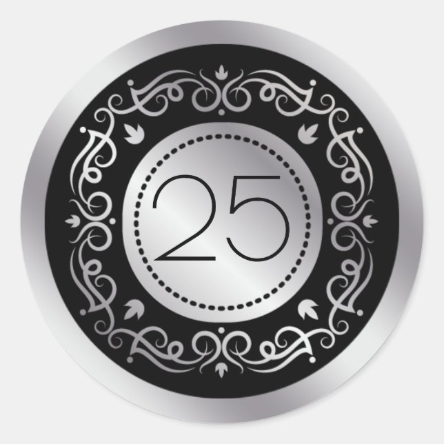 Sticker Rond Tourbillons noirs en argent 25e anniversaire Maria (Devant)