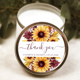 Sticker Rond Tournesol Bourgogne Mariage Floral Merci