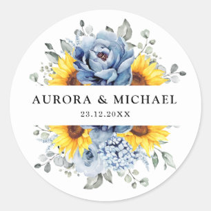 Sticker Rond Tournesol Dusty Blue Slate Peony Mariage floral