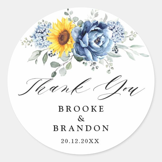 Sticker Rond Tournesol Dusty Blue Slate Peony Merci (Devant)