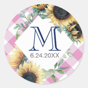 Sticker Rond Tournesol en vichy rose Merci
