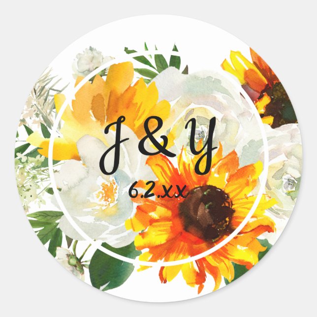 Sticker Rond Tournesol et rose blanche Merci - Blanc (Devant)