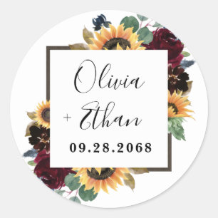 Sticker Rond Tournesol et Rose Bourgogne Rouge Mariage bleu de 